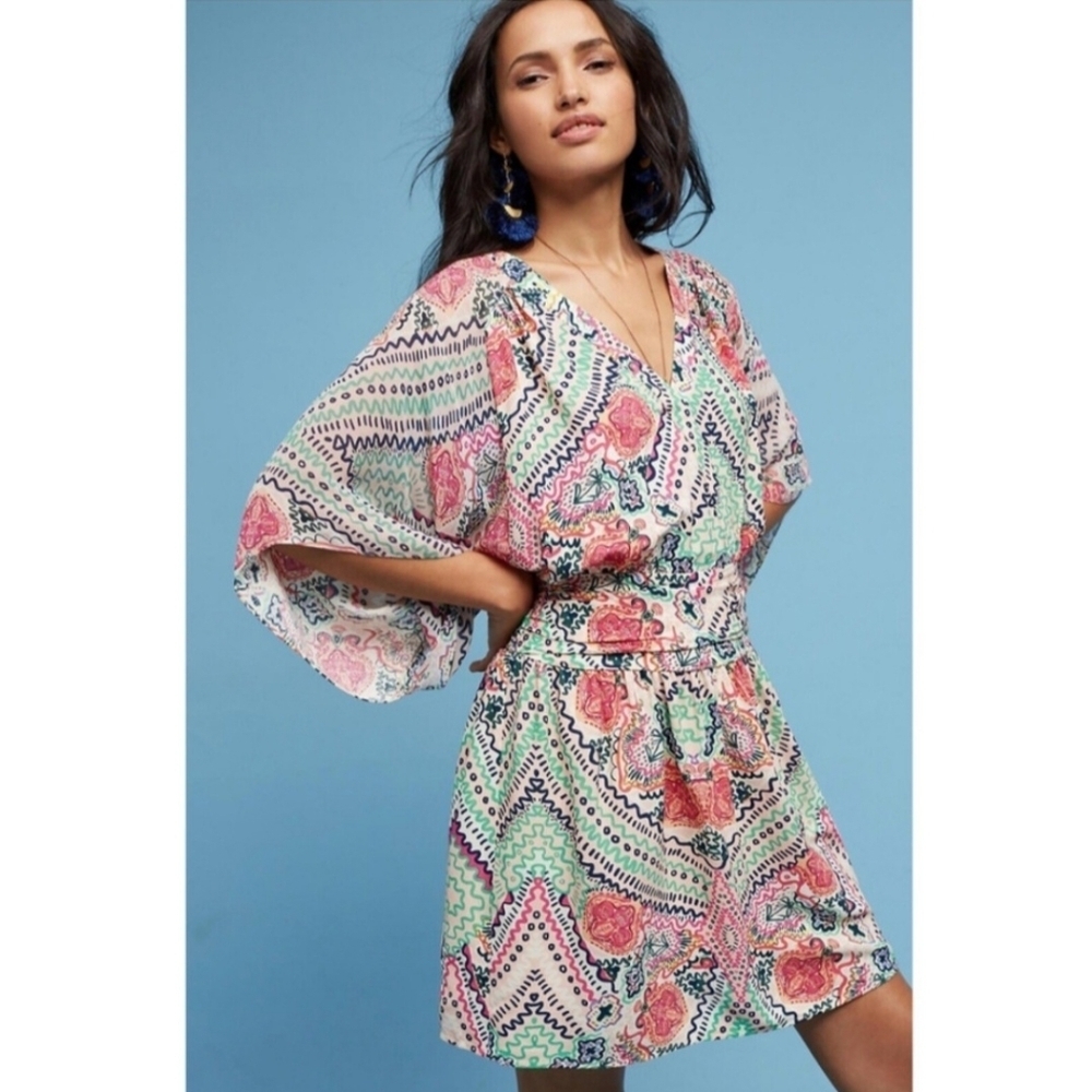 Maeve Anthropologie Pink Floral V-Neck Multicolor Siya Kimono Mini‎ Dress Size 2